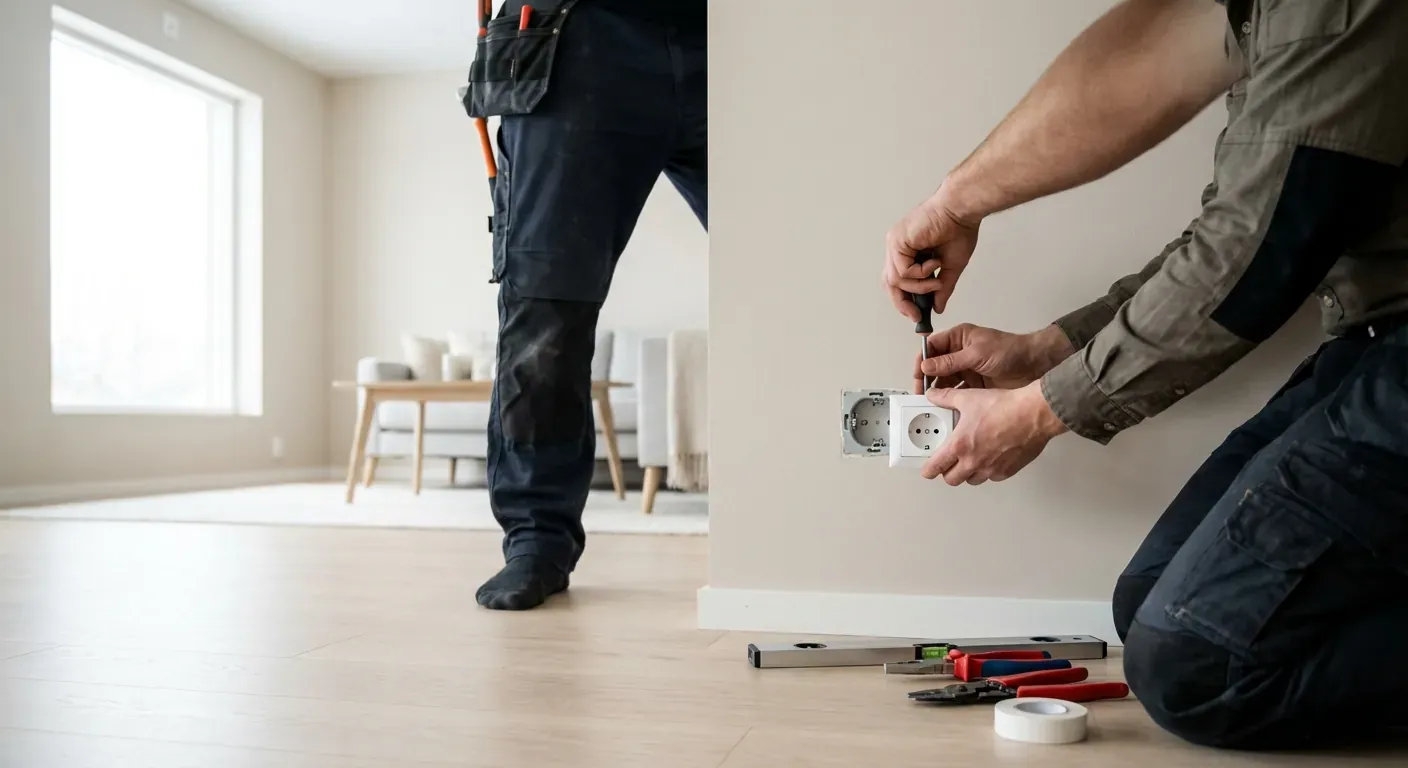 A professional electrician in work clothes installing a new wall socket in a renovated living room
