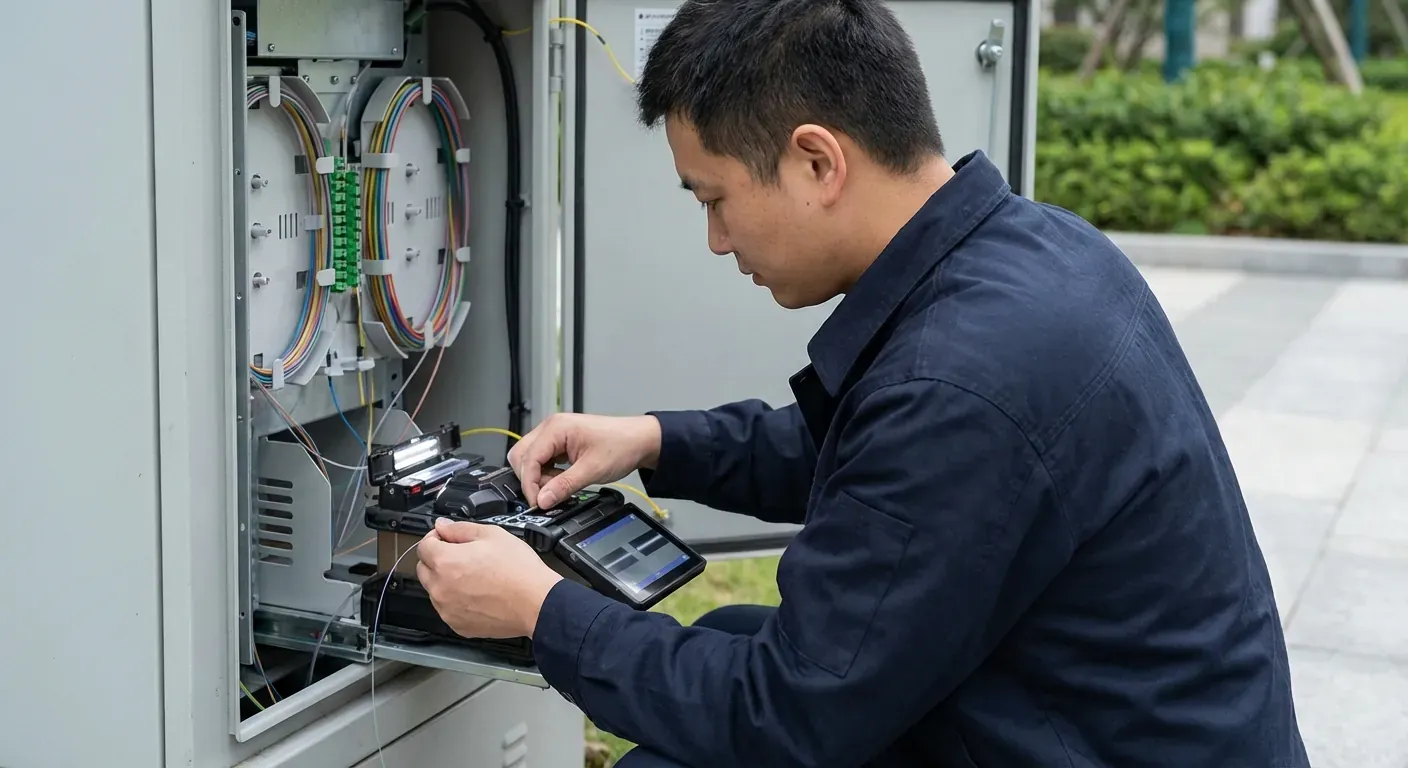 A technician in a Teltech work uniform using a specialized fusion splicer to join fiber optic strands inside a distribution cabinet