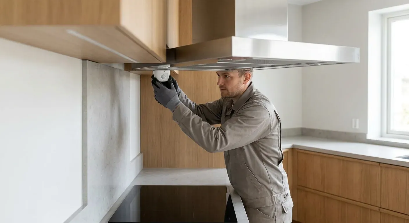 An electrician installing a modern stove guard (komfyrvakt) under a kitchen hood