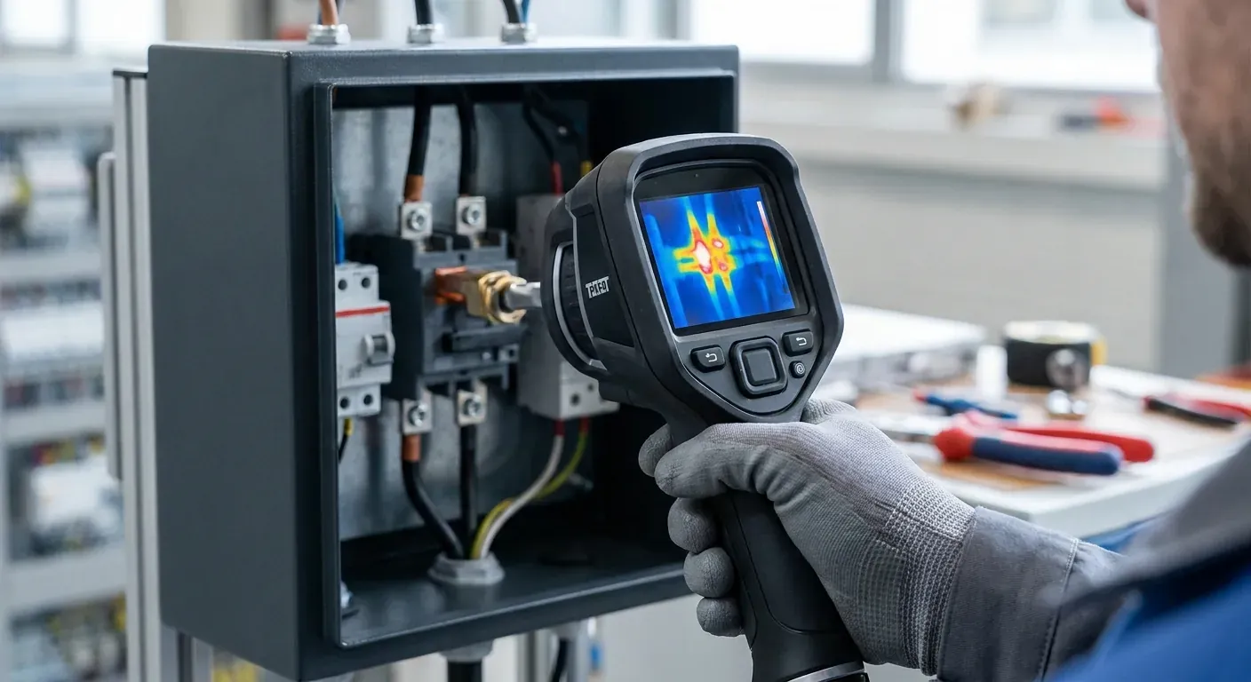 Nærbilete av eit termisk kamera som viser fargekodar for temperatur på ei elektrisk kopling