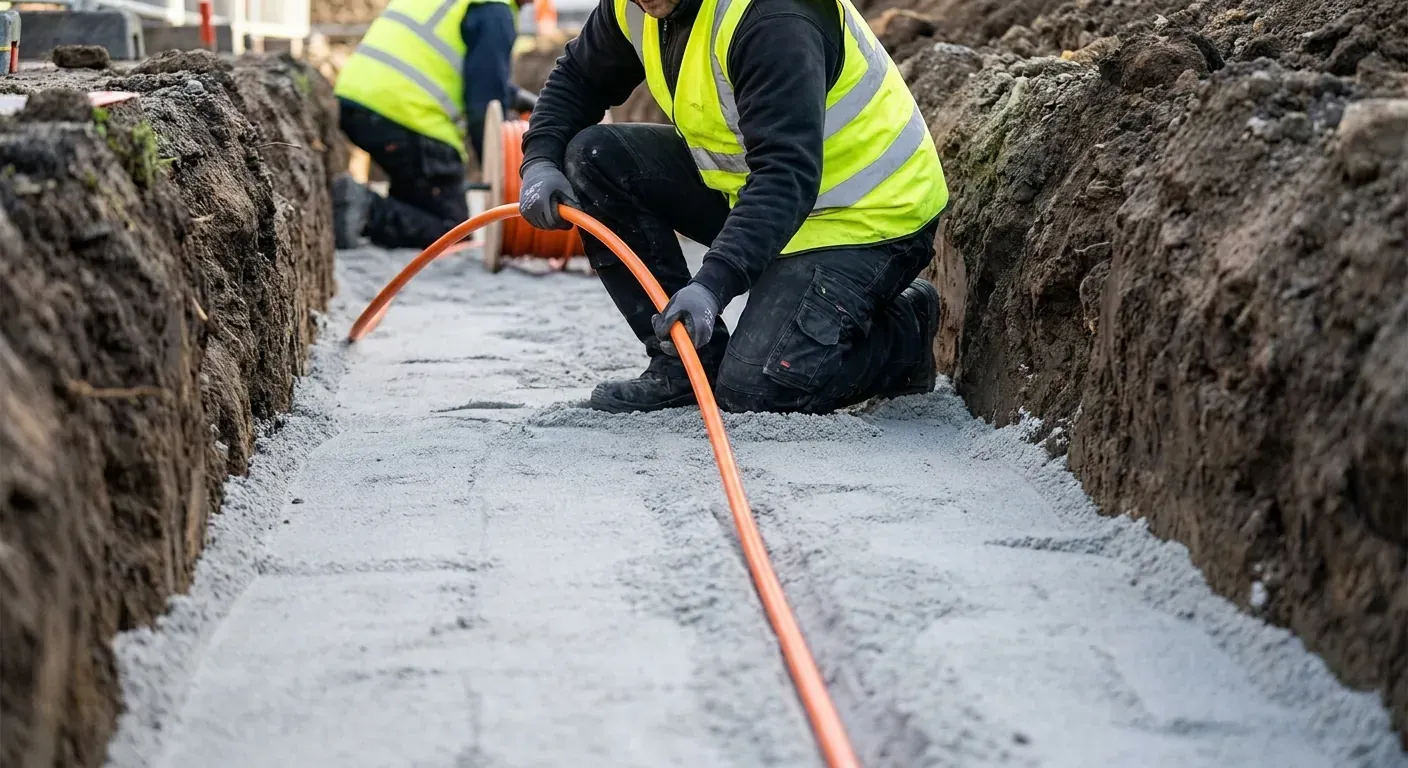 A person laying a bright orange flexible conduit into a trench lined with fine grey sand
