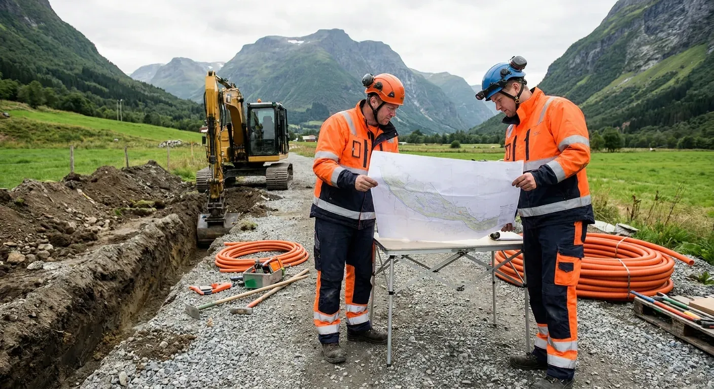 To montørar i Teltech-klede som studerer eit teknisk kart over eit utbyggingsområde utendørs ved sida av ein gravemaskin.