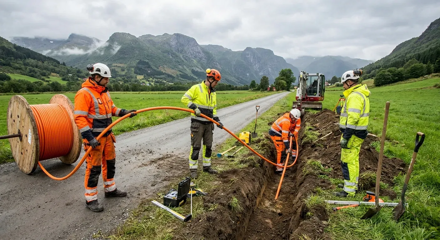 A team of technicians laying fiber optic cables in a scenic landscape near Voss