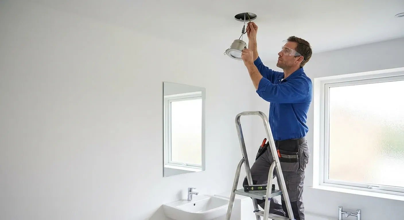 Ein elektriker som monterer LED-downlights i eit baderomstak med verneutstyr