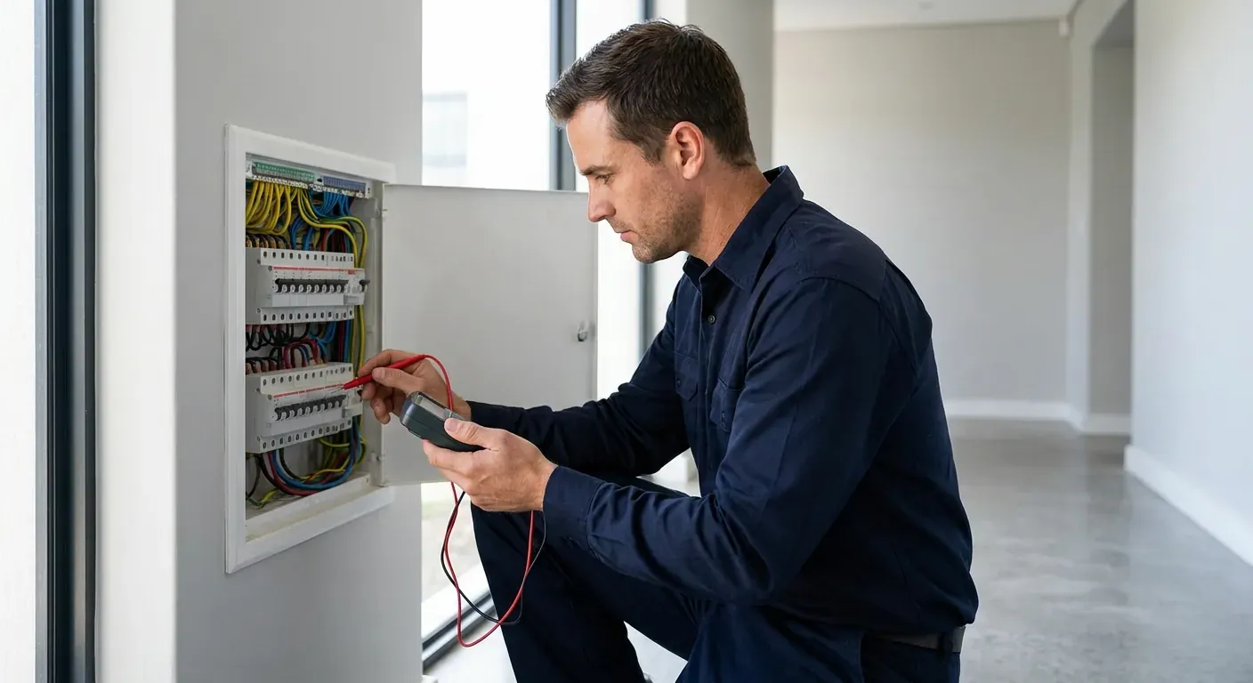 An electrician from Teltech in a work uniform carefully checking the wiring in a modern fuse box
