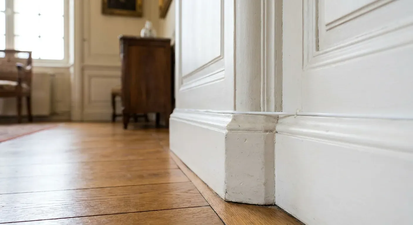 Detaljbilde av ein ryddig lagd kabel langs ei profilert list i eit historisk rom