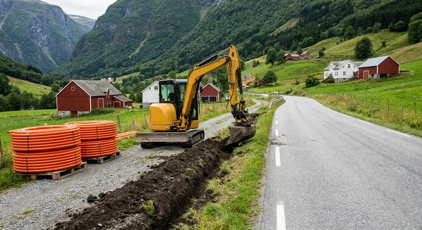 A scenic view of a rural landscape near Voss where a small excavator is carefully digging a trench for fiber cables along a road