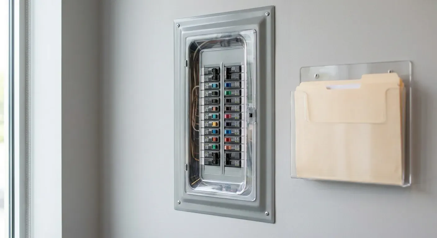A clean and organized fuse box with clear labels and documentation folders nearby.