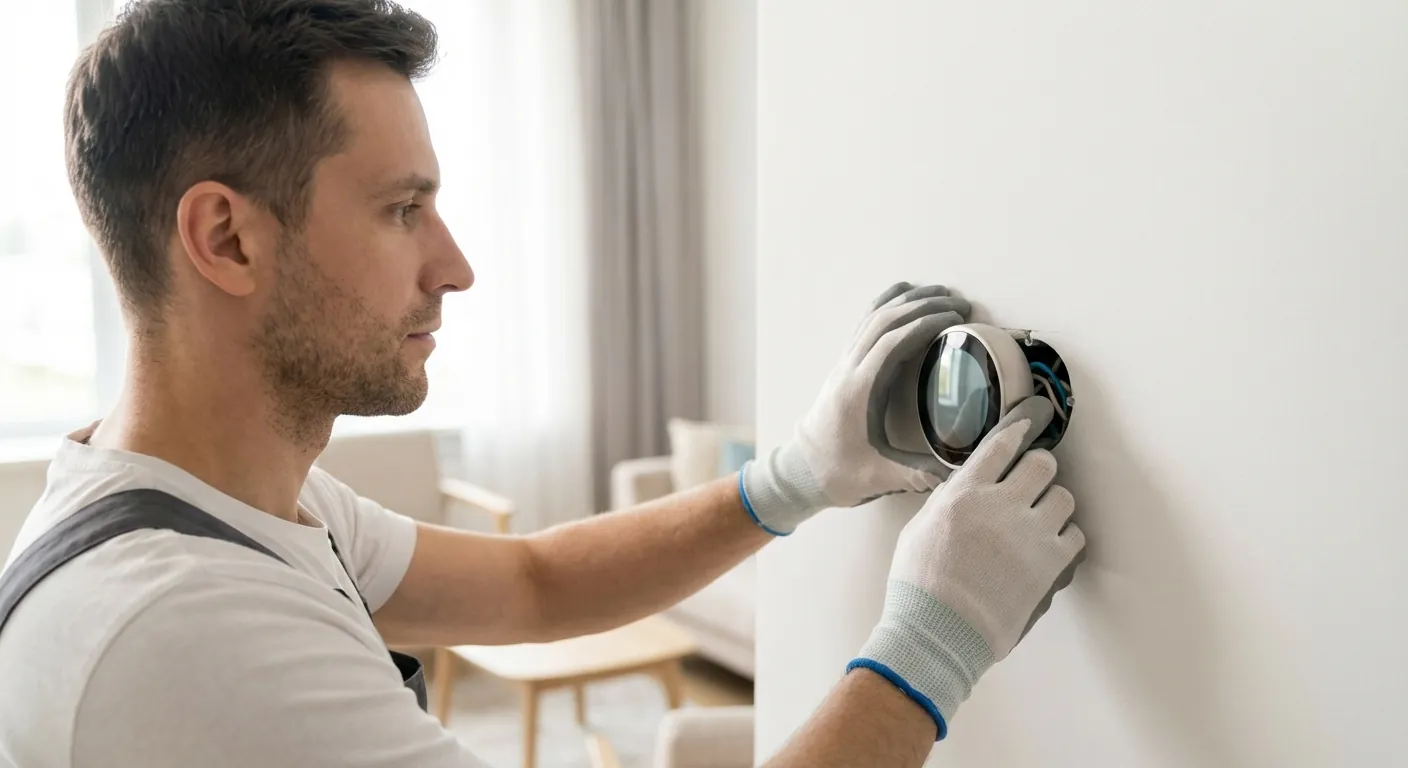 Ein elektrikar i profil som monterer ein smart termostat på ein kvit vegg