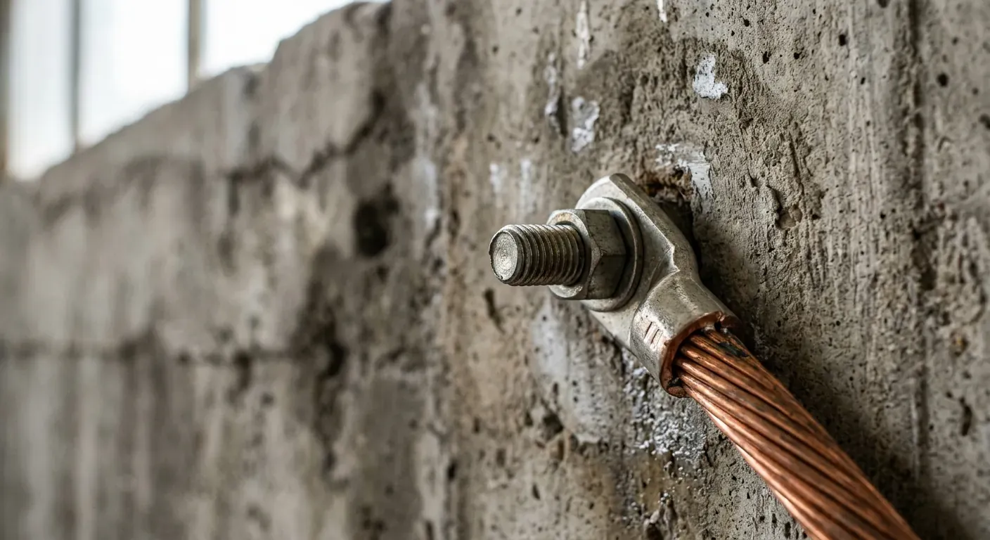 A professional electrician from Teltech installing or inspecting a heavy-gauge copper earthing cable on the side of a building