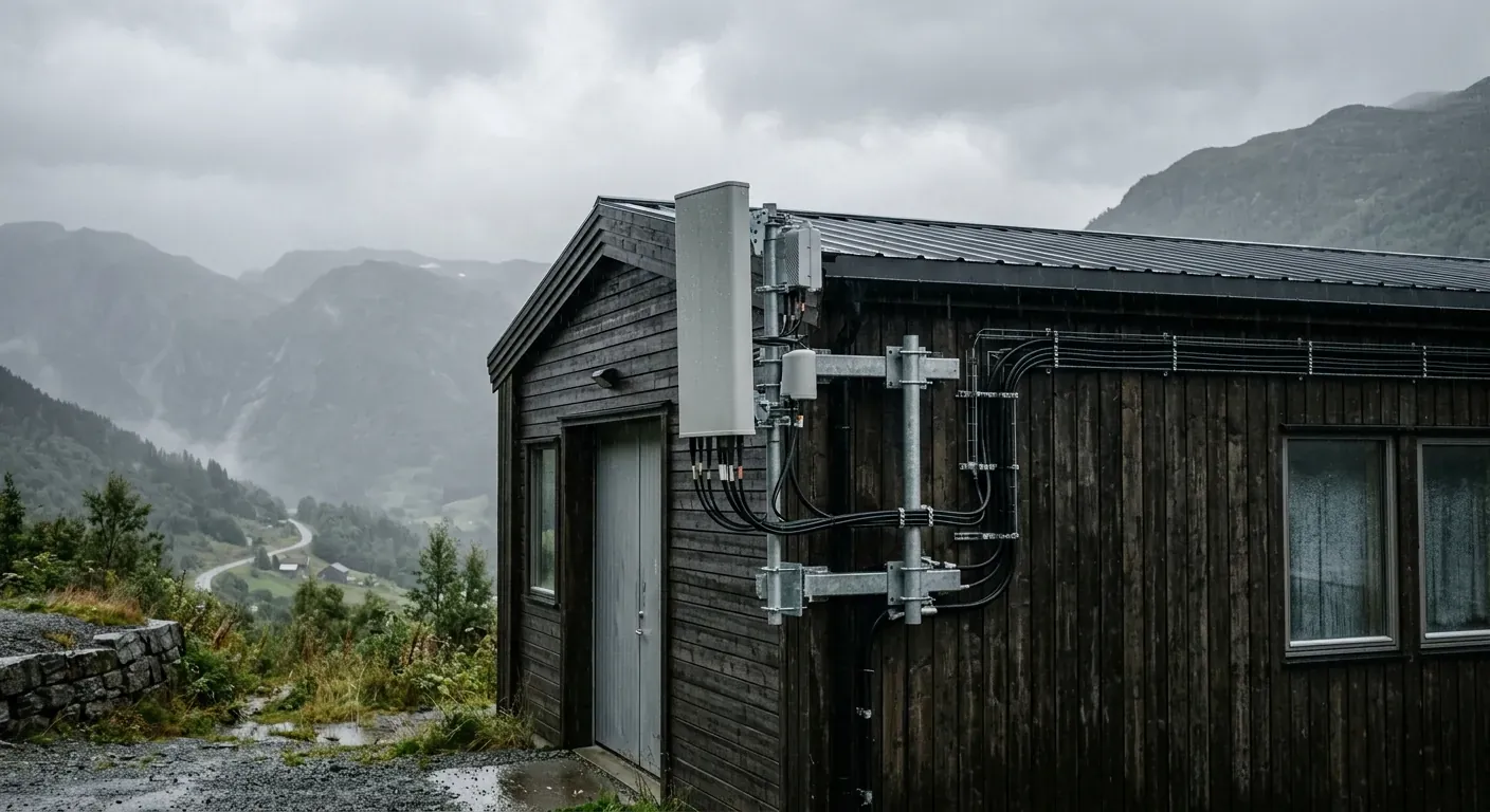 Nærbilde av ein solid, vêrbestandig 5G-antenne montert høgt oppe på ein mørk trevegg på eit næringsbygg på Voss, med fjell i bakgrunnen.