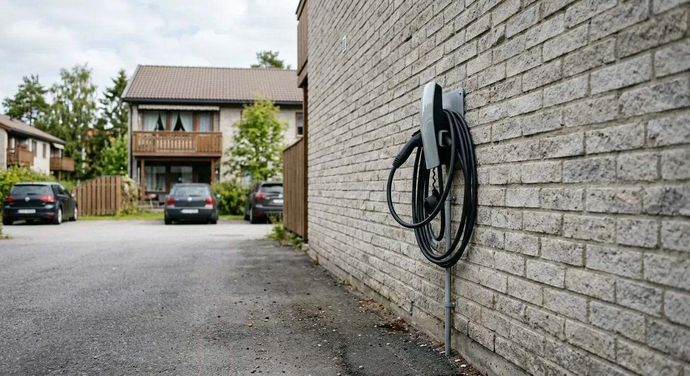 Et moderne ladeanlegg for elbiler montert på en ren murvegg utendørs ved parkeringsplassen to et borettslag