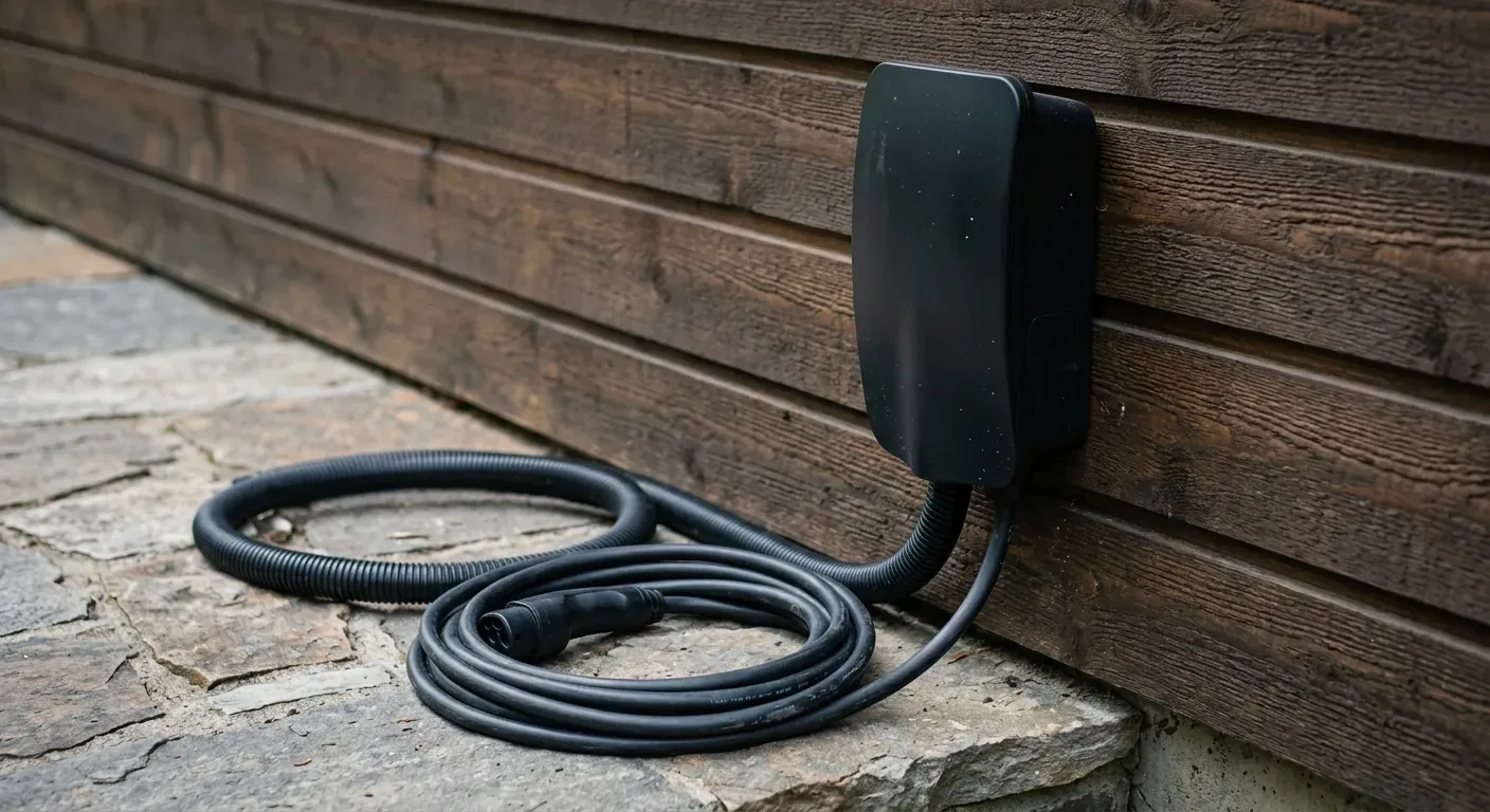 Ein moderne elbillader ferdig montert på ei mørk trevegg utendørs med ein kabel pent kveilet opp