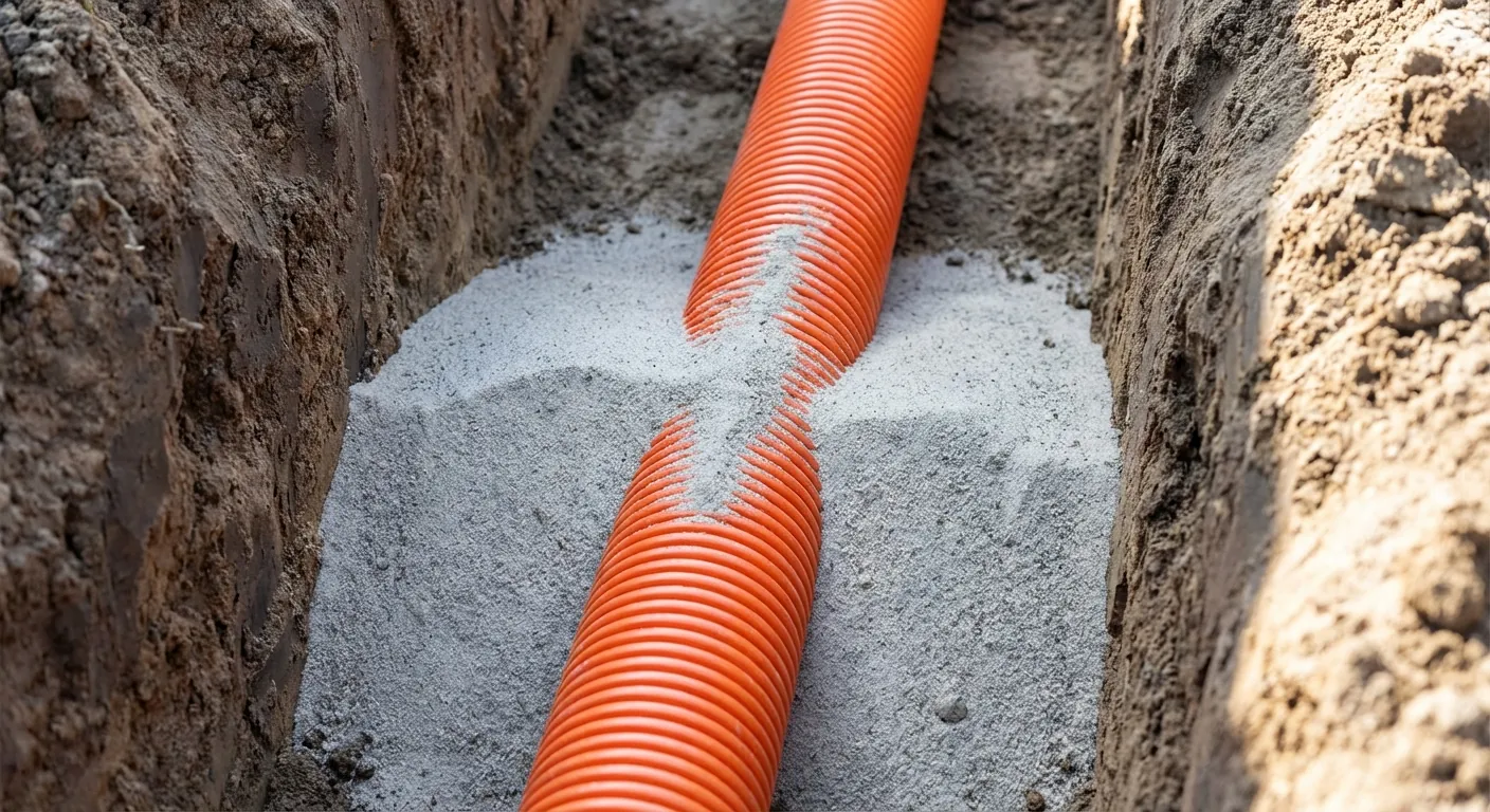 Nærbilete av eit oransje trekkerør som ligg i ei grøft med eit lag sand over, klar for varselnett