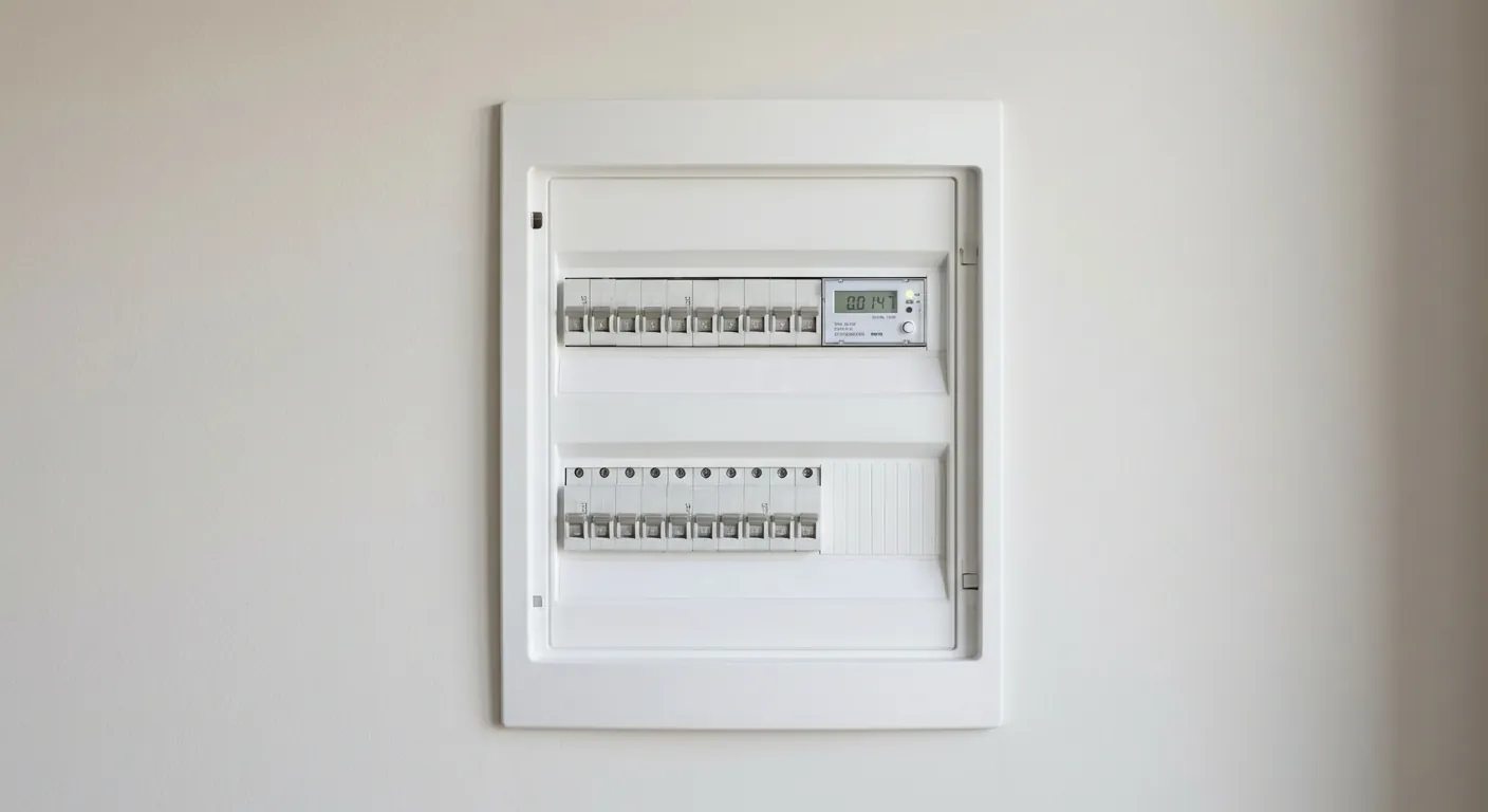 Et oversiktsbilde av et sikringsskap med moderne automatsikringer og en dedikert måler for elbilladeren