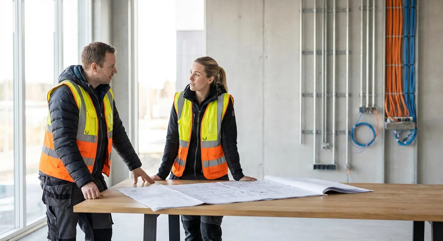To teknikarar i samtale over ei teknisk teikning inne i eit moderne næringsbygg