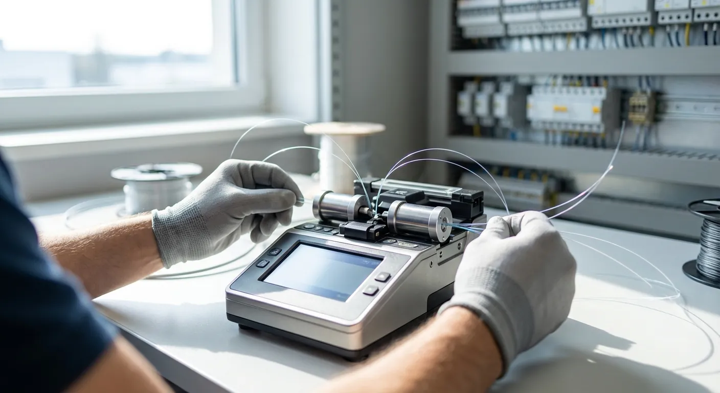 Ein teknikar som brukar ein fibersveisemaskin i eit kontrollert miljø