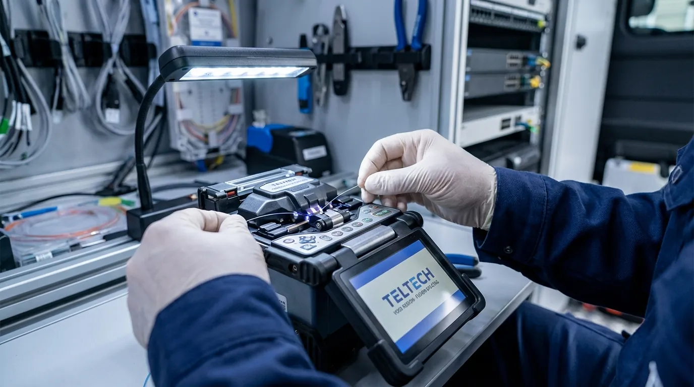 Ein teknikar som brukar ein fibersveisemaskin for å skøyte to glastrådar saman