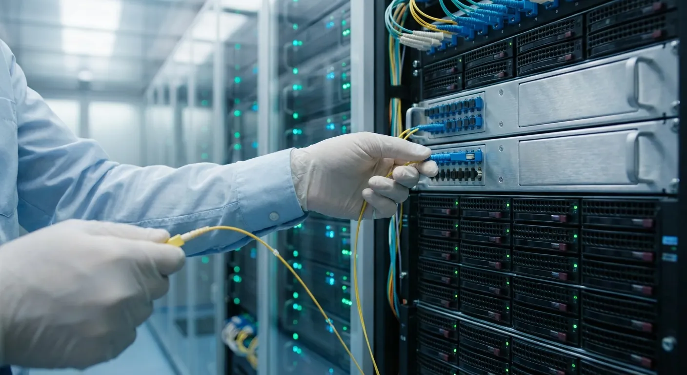 Ein systemadministrator i eit serverrom som koblar til fiber-patchkablar i eit rack