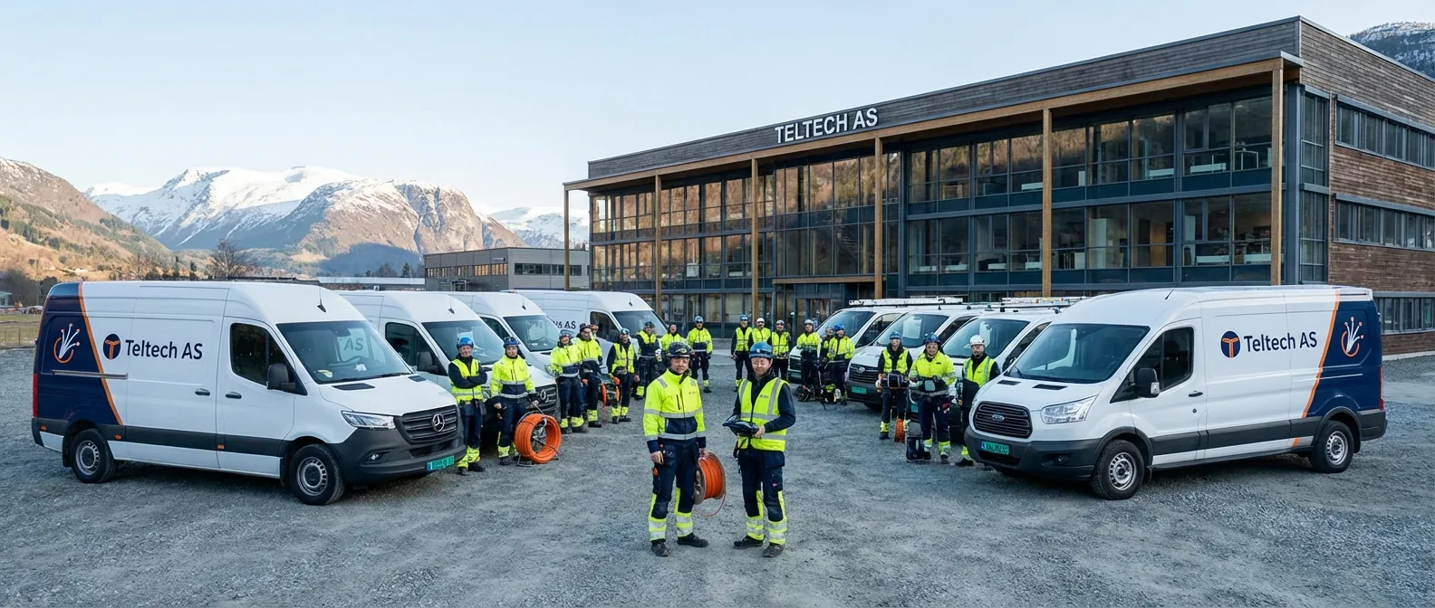 Teltech AS sine bilar og tilsette utanfor hovudkontoret på Voss