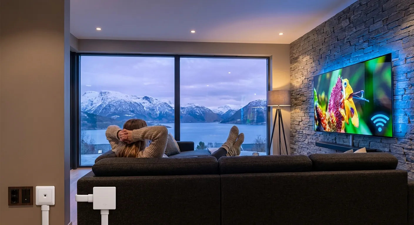 Ein person som sit nøgd i sofaen og strøymer film på ein stor TV, med eit ikon som viser full Wi-Fi-dekning